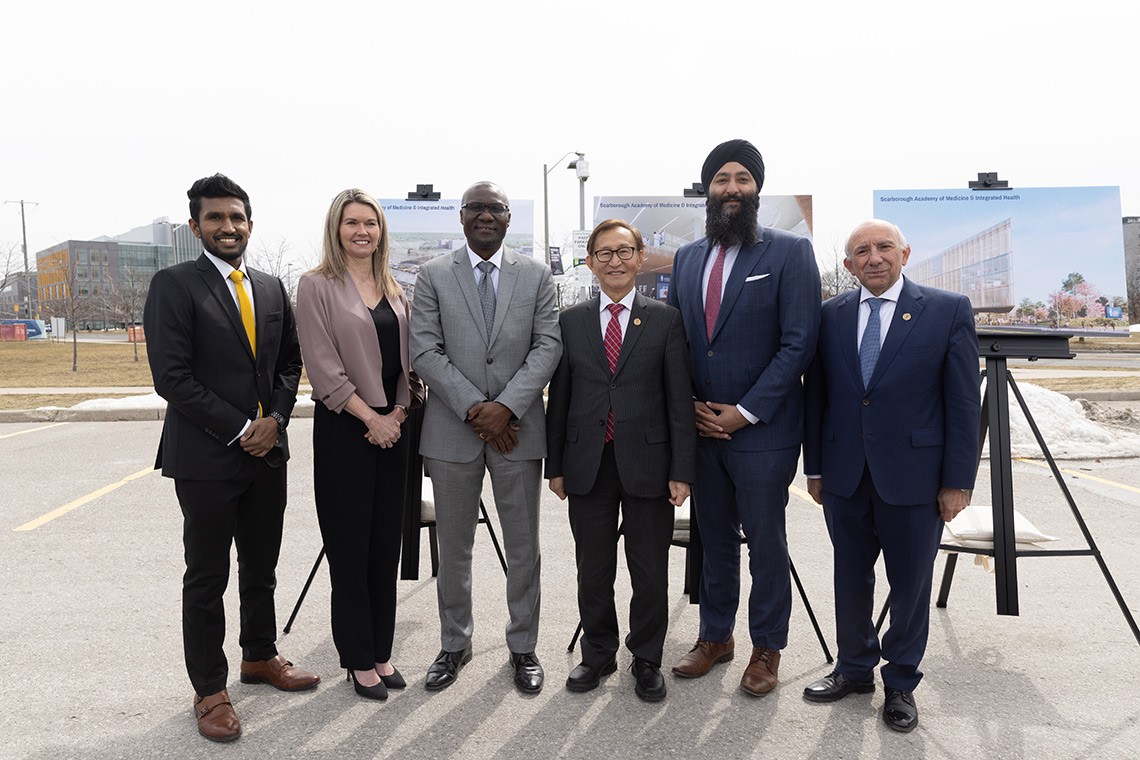From left to right: Vijay Thanigasalam, Jill Dunlop, Wisdom Tettey, Raymond Cho, Prabmeet Sarkaria and Aris Babikian at the launch event for the new academy of medicine at U of T Scarborough (photo by Ruilin Yuan)